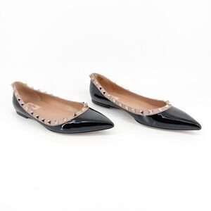 Valentino Garavani Rockstud Ballet Flats Size 40.5 US 10.5 Black Patent Pointed